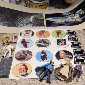 Vintage Mint 10 Ten Star Wars Pins + Two 2 McQuarrie SW Prints + figures